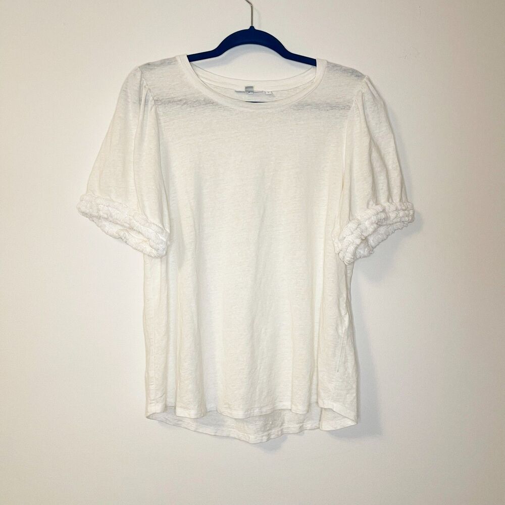 Chico’s 95% Linen Tee Size 2 (L) White Short Sleeve Ruffle Trim Top Minimalist - Picture 5 of 8